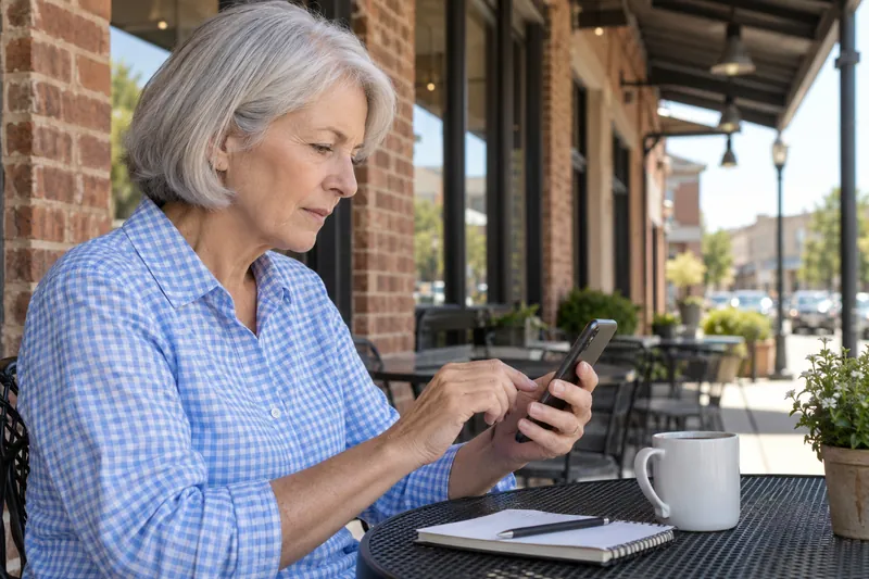A visitor checking an address on a phone outside an unbranded mixed-use brick building
