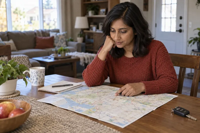 A visitor planning a trip using a town map at a kitchen table, with a car key nearby