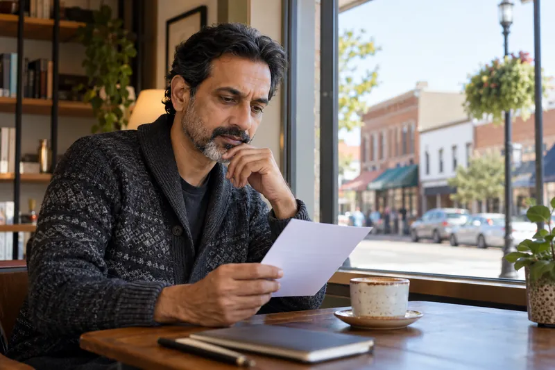 A visitor reading an appointment reminder by a cafe window overlooking an ordinary main street