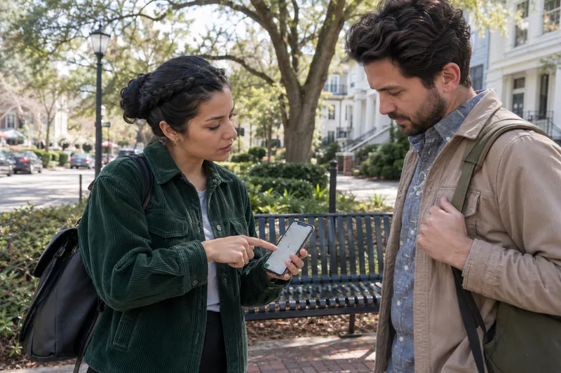 A visitor asking a companion for directions while pointing at a phone map near a public bench