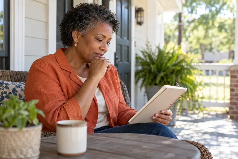 A visitor checking a local opening-hours note in a notebook on a sunny front porch