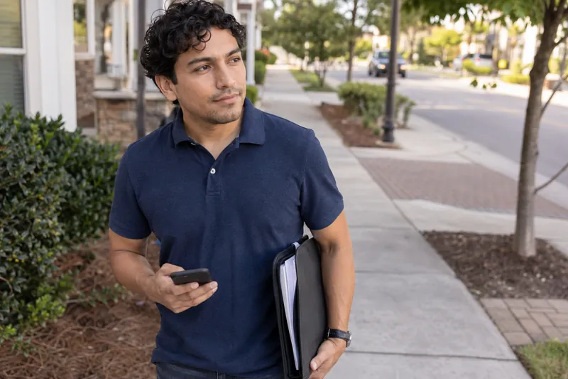 A visitor taking a pause on a pedestrian walkway with a document tote and phone in hand