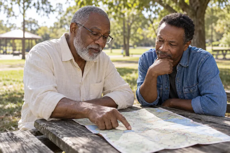 A visitor reviewing a map with a friend at a picnic table in a small public park
