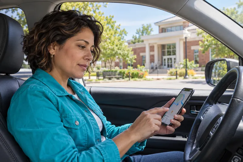 A visitor sitting in a parked car checking a phone route before setting off, car stationary