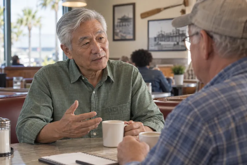 A visitor discussing a local errand over coffee in a modest neighborhood diner