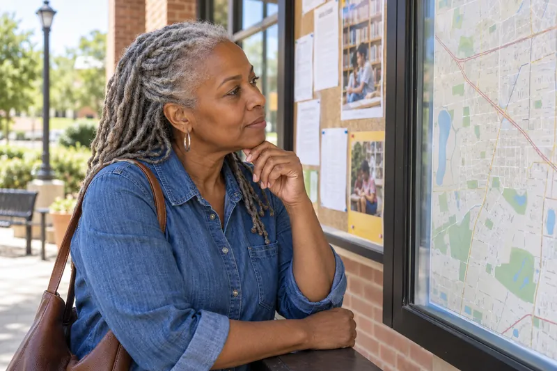 A visitor looking at a simple town map beside a library noticeboard with no readable text