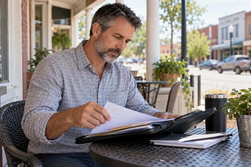 A visitor looking through a document pouch on a home porch before a planned appointment