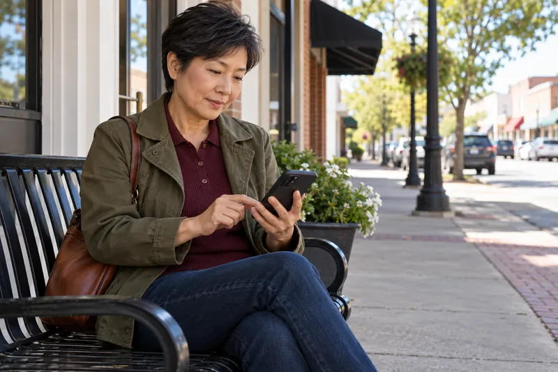 A visitor checking directions on a phone beside a small-town sidewalk bench, preparing for an appointment