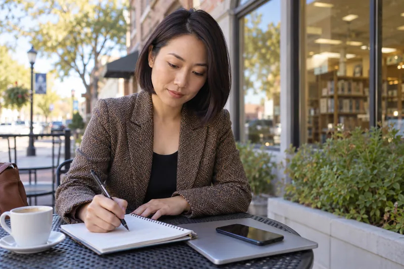 A visitor reviewing an appointment note at an outdoor cafe table before a local office visit