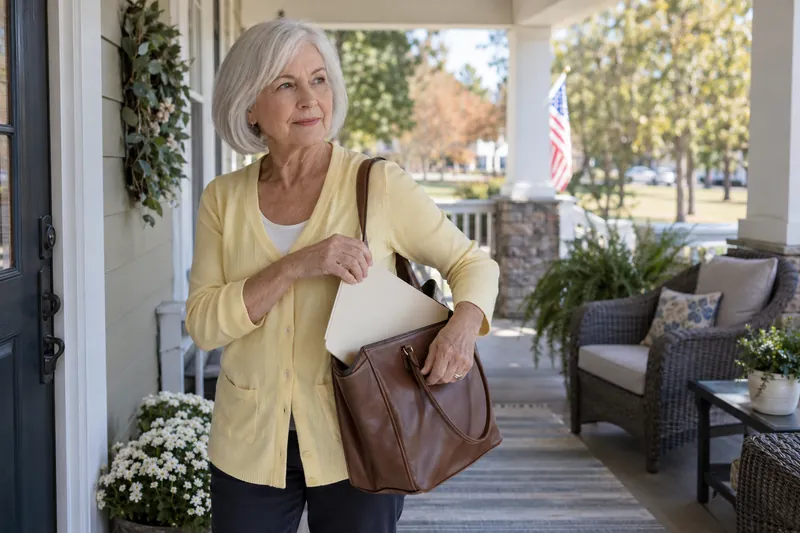 A visitor putting an unbranded document folder into a shoulder bag on a covered porch before going out