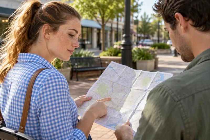 A visitor consulting a folded street map on a pedestrian square with a companion