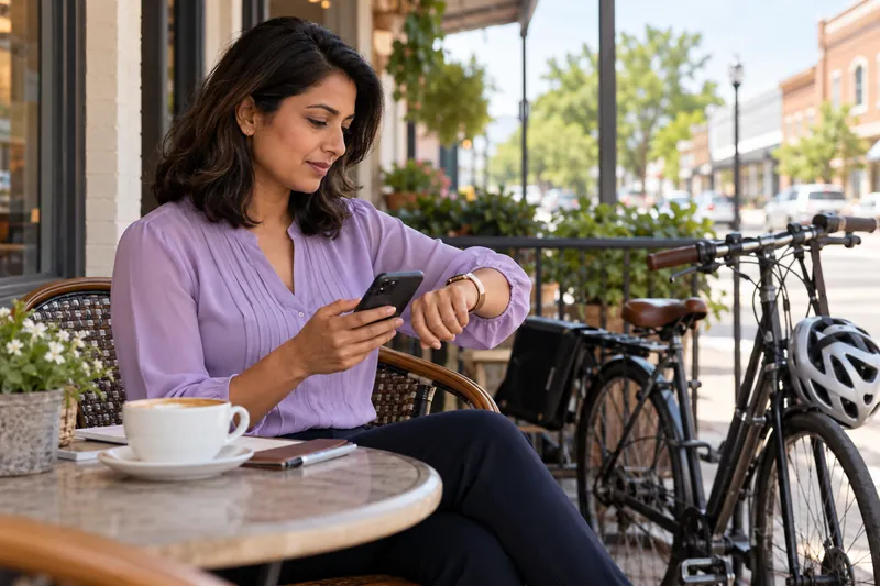 A visitor checking a watch and a phone beside a parked bicycle before a daytime appointment
