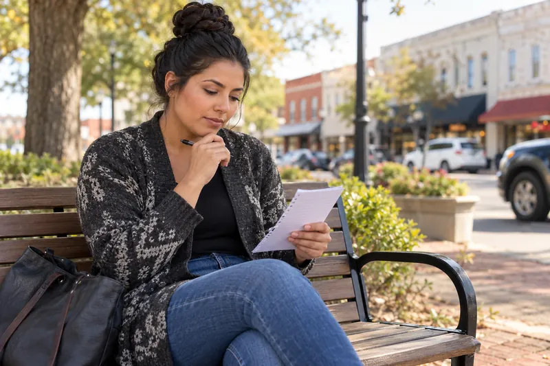 A visitor reviewing a short handwritten checklist on a park bench near a town shopping street