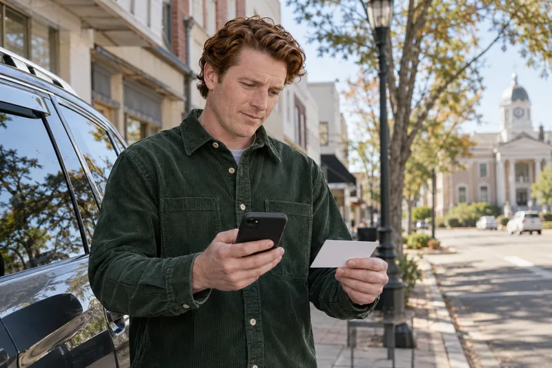 A visitor standing beside a parked car, comparing a blank appointment card with phone directions