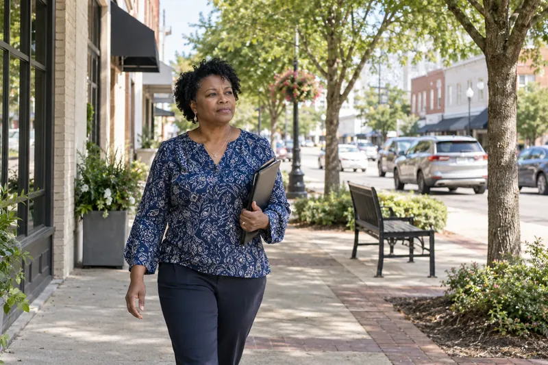 A visitor arriving on foot along a tree-lined neighborhood commercial street, carrying a slim folder