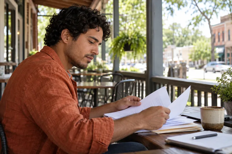A visitor sitting on a shaded community-center veranda, organizing documents before a local visit