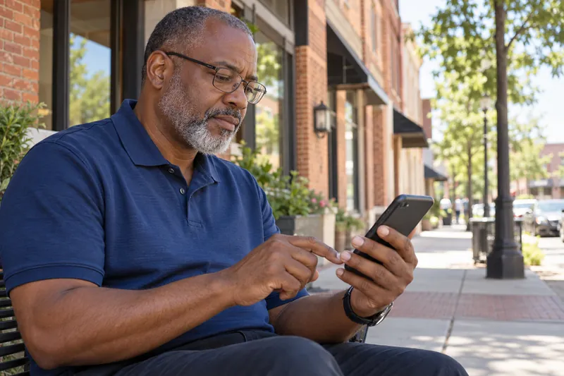 A visitor checking an address on a phone outside an unbranded mixed-use brick building