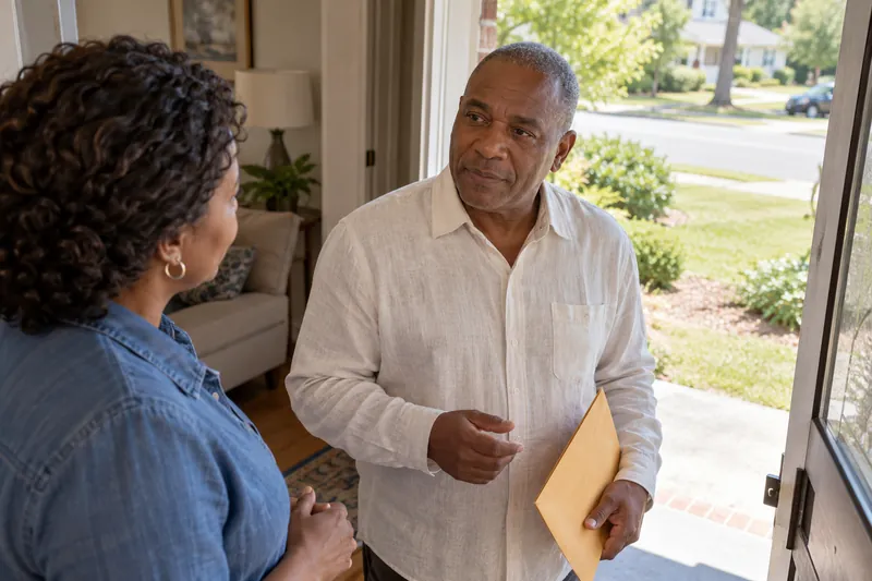 A visitor talking with a companion at a home doorway before leaving with a document envelope