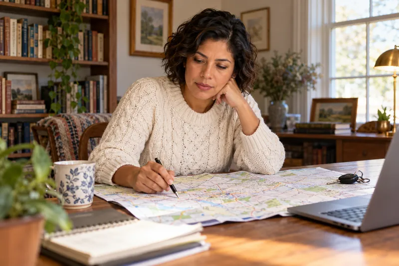 A visitor planning a trip using a town map at a kitchen table, with a car key nearby