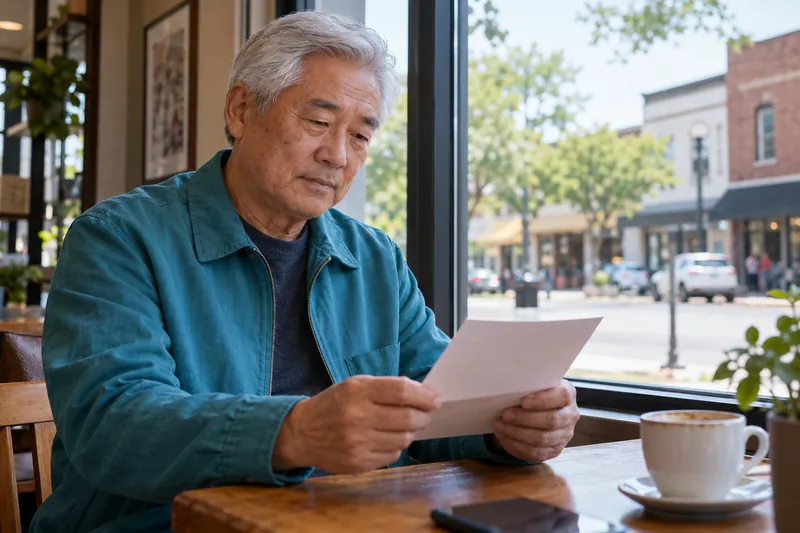 A visitor reading an appointment reminder by a cafe window overlooking an ordinary main street