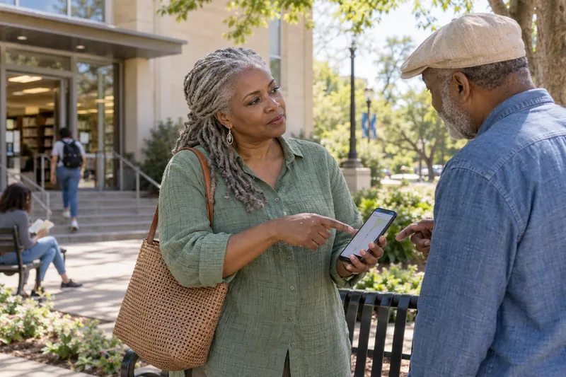 A visitor asking a companion for directions while pointing at a phone map near a public bench
