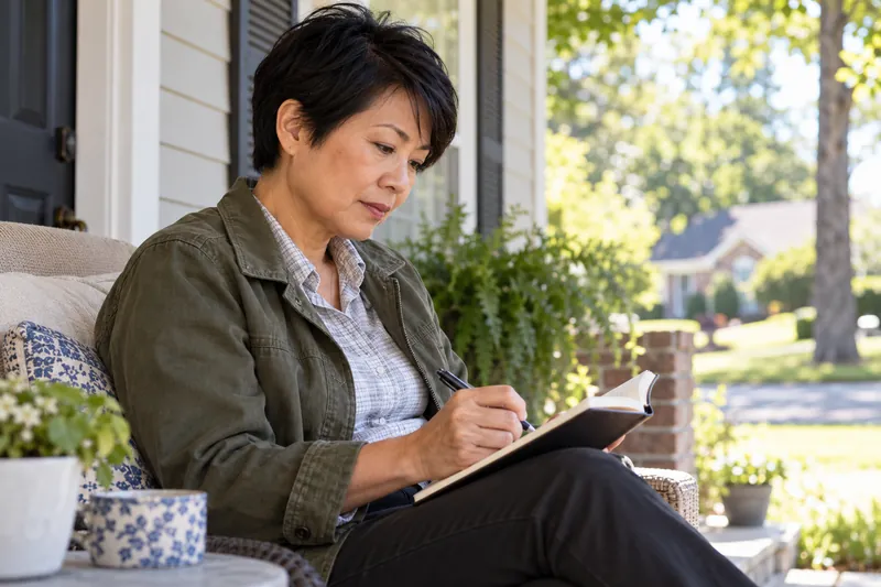 A visitor checking a local opening-hours note in a notebook on a sunny front porch