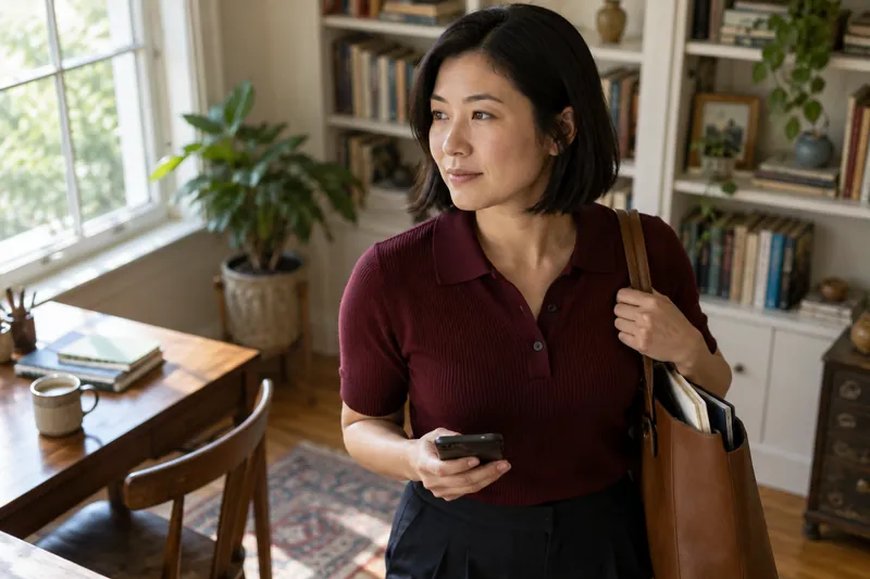 A visitor taking a pause on a pedestrian walkway with a document tote and phone in hand