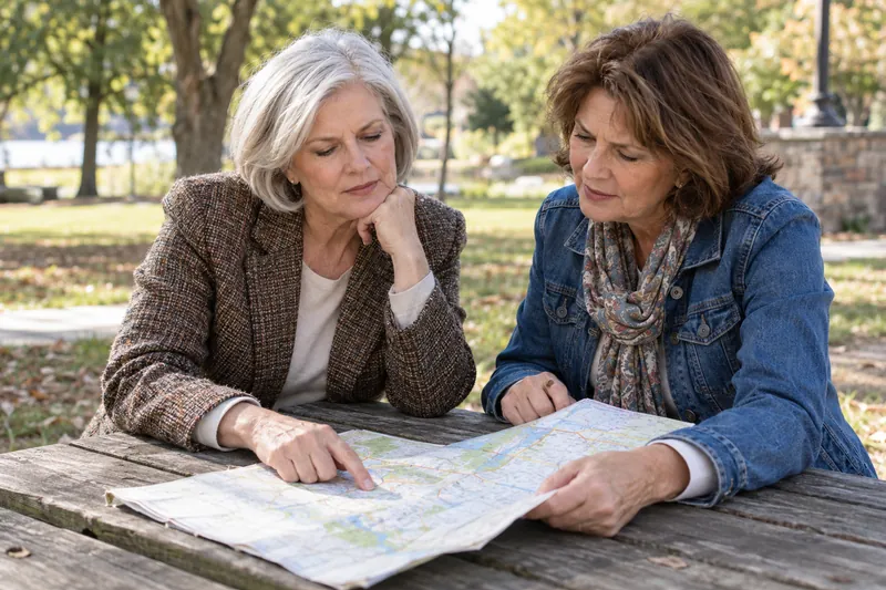 A visitor reviewing a map with a friend at a picnic table in a small public park