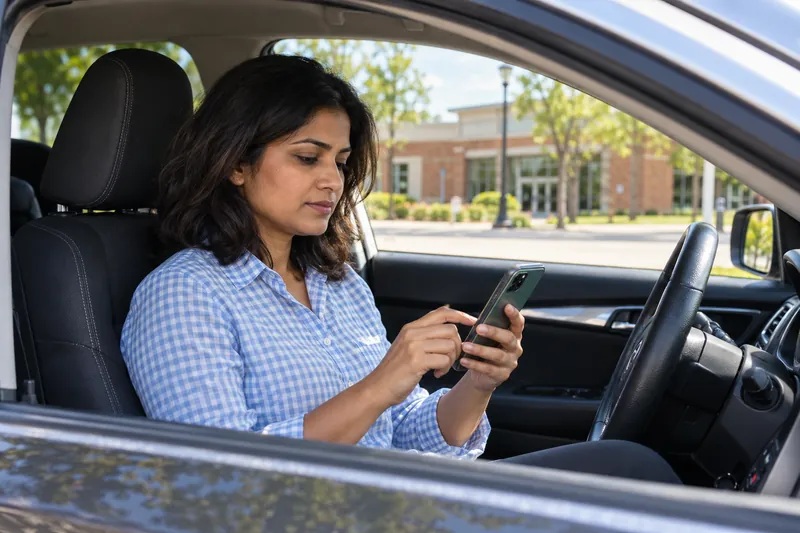 A visitor sitting in a parked car checking a phone route before setting off, car stationary