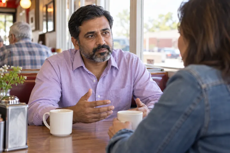 A visitor discussing a local errand over coffee in a modest neighborhood diner