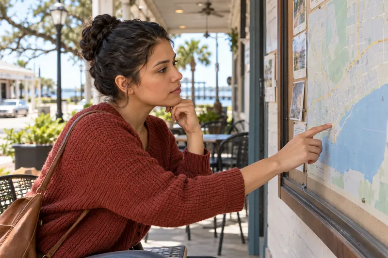 A visitor looking at a simple town map beside a library noticeboard with no readable text