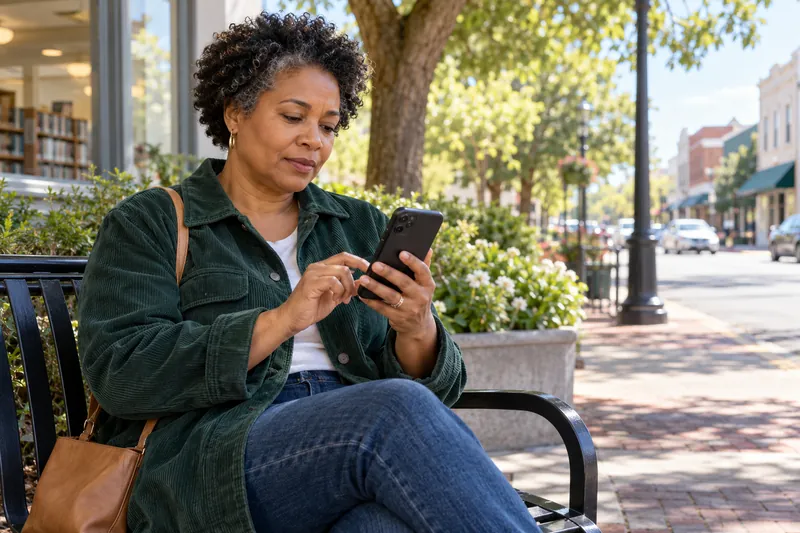 A visitor checking directions on a phone beside a small-town sidewalk bench, preparing for an appointment