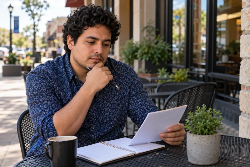 A visitor reviewing an appointment note at an outdoor cafe table before a local office visit