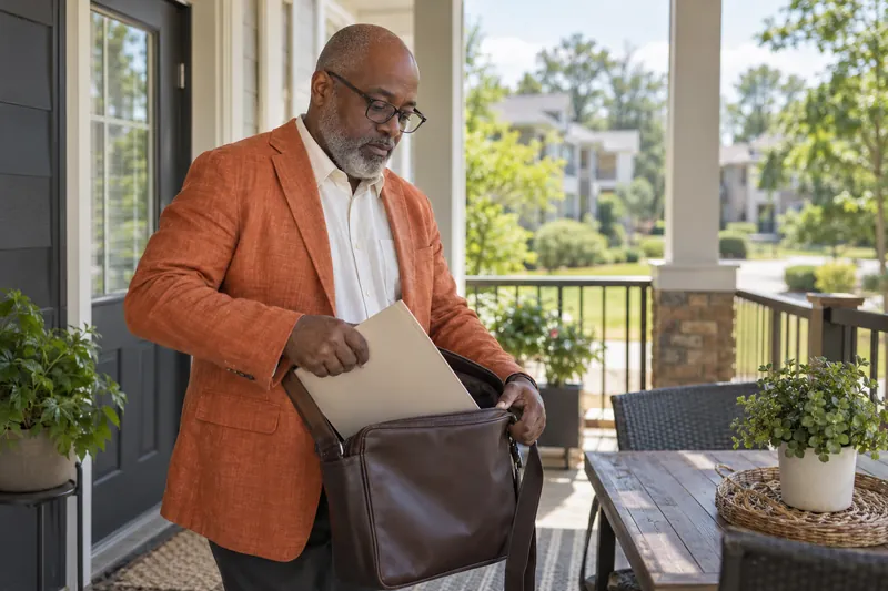 A visitor putting an unbranded document folder into a shoulder bag on a covered porch before going out