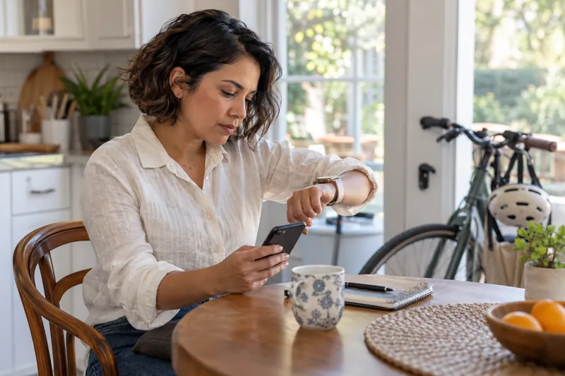 A visitor checking a watch and a phone beside a parked bicycle before a daytime appointment