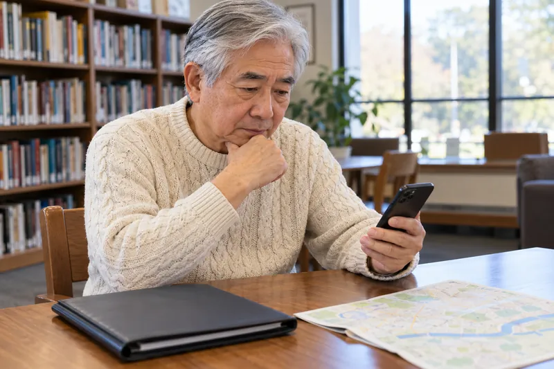 A visitor sitting at a public-library table with a phone map and a closed document folder