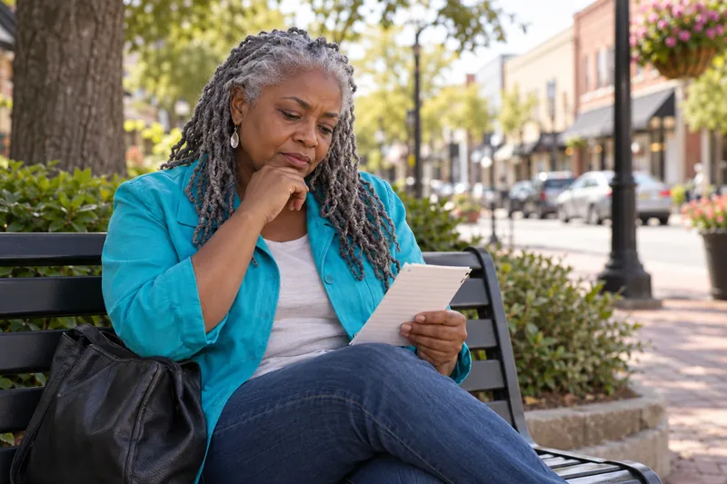 A visitor reviewing a short handwritten checklist on a park bench near a town shopping street