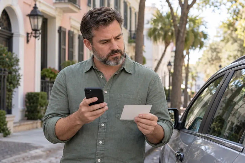 A visitor standing beside a parked car, comparing a blank appointment card with phone directions
