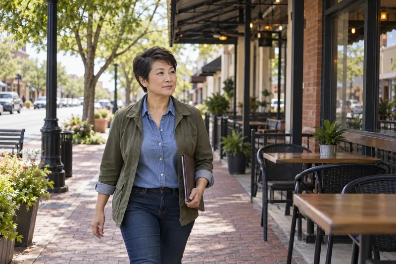 A visitor arriving on foot along a tree-lined neighborhood commercial street, carrying a slim folder
