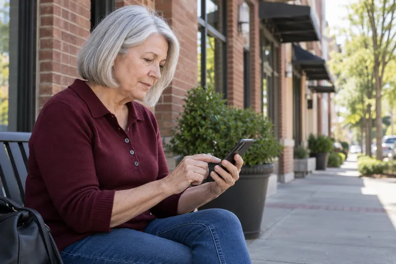 A visitor checking an address on a phone outside an unbranded mixed-use brick building