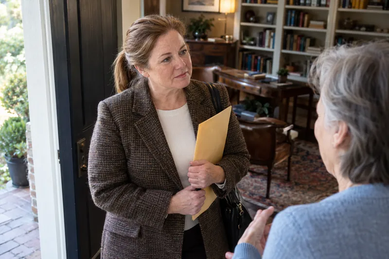 A visitor talking with a companion at a home doorway before leaving with a document envelope