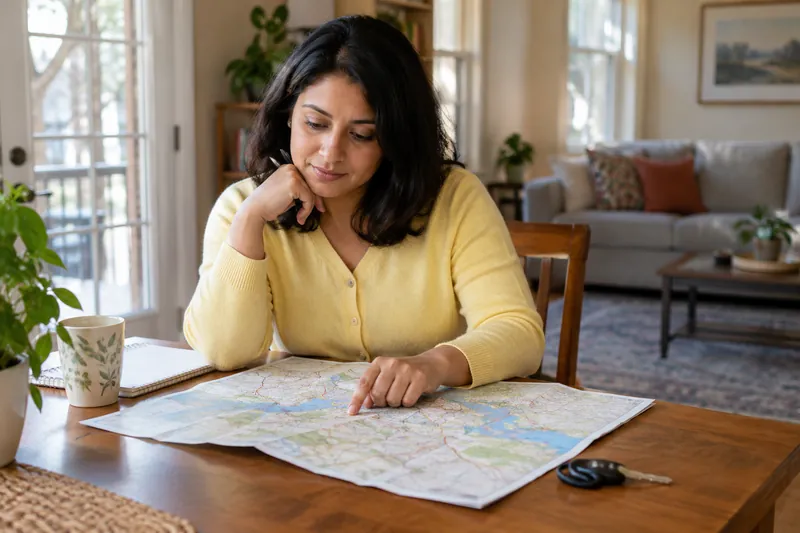 A visitor planning a trip using a town map at a kitchen table, with a car key nearby