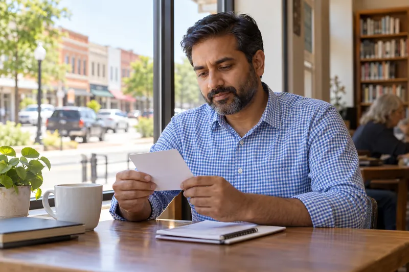 A visitor reading an appointment reminder by a cafe window overlooking an ordinary main street