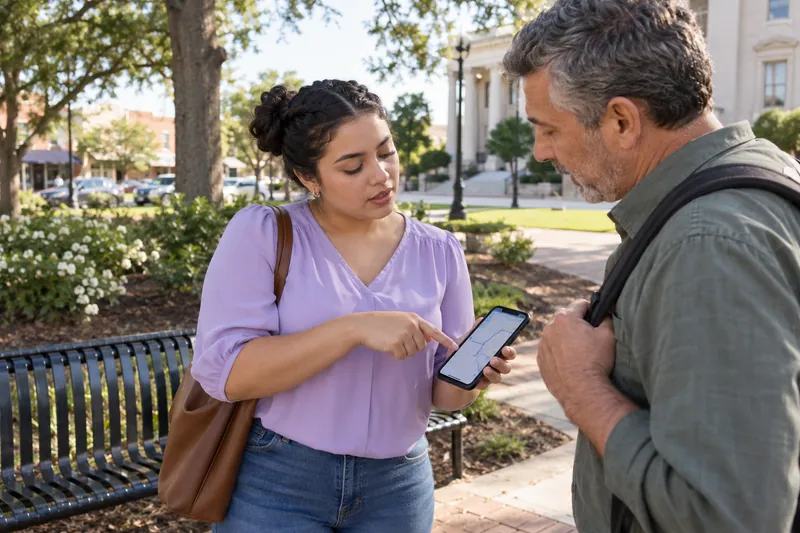 A visitor asking a companion for directions while pointing at a phone map near a public bench