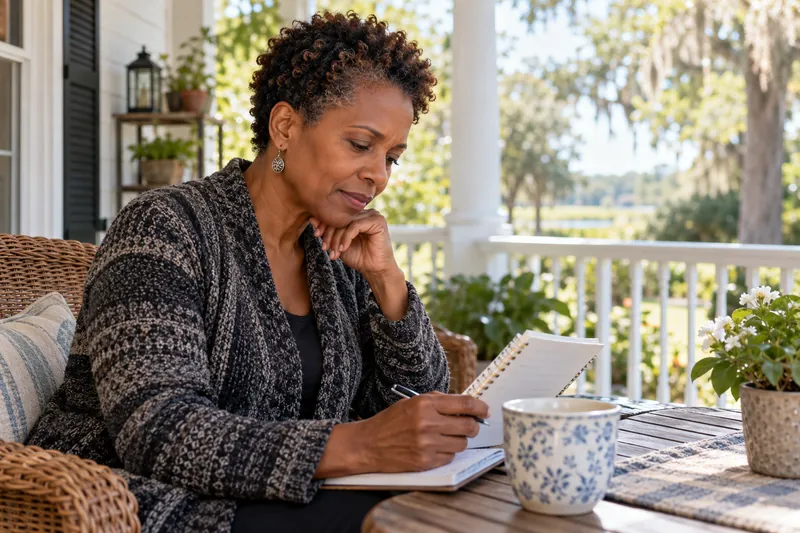 A visitor checking a local opening-hours note in a notebook on a sunny front porch