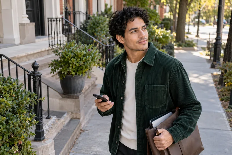 A visitor taking a pause on a pedestrian walkway with a document tote and phone in hand