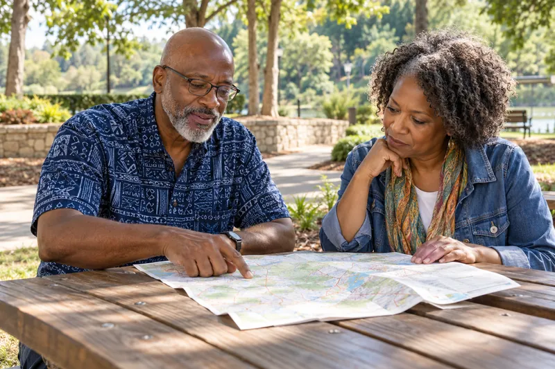 A visitor reviewing a map with a friend at a picnic table in a small public park