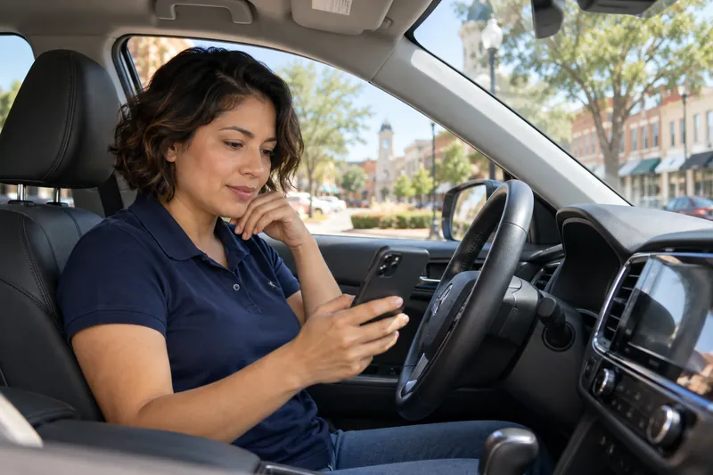 A visitor sitting in a parked car checking a phone route before setting off, car stationary