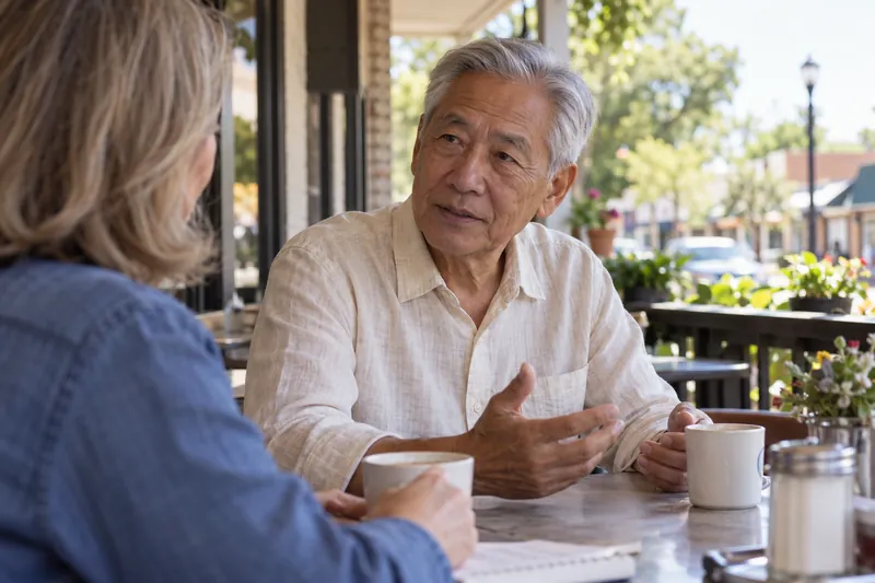 A visitor discussing a local errand over coffee in a modest neighborhood diner