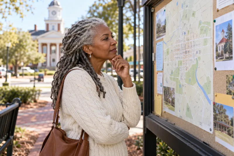 A visitor looking at a simple town map beside a library noticeboard with no readable text